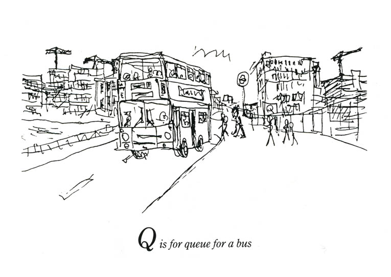 London Alphabet - Q for Queue for a bus - Original Drawings and Prints for Sale