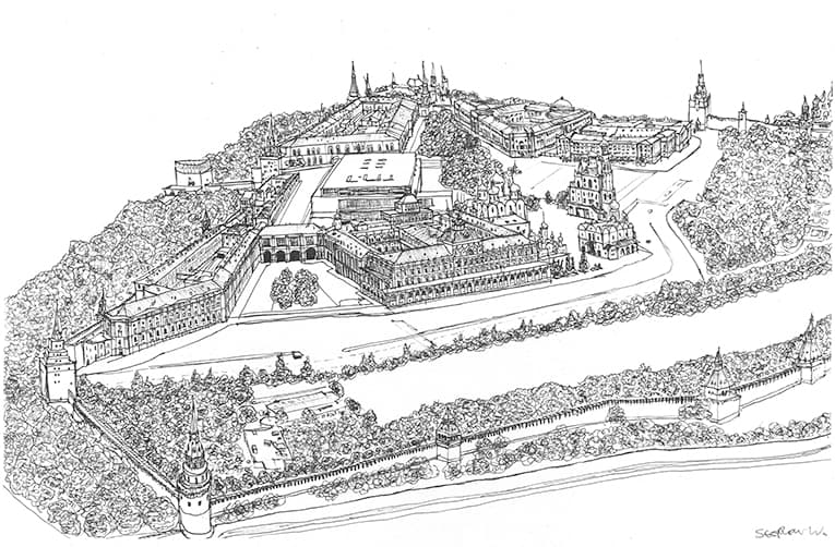 Aerial view of the Kremlin, Moscow 1990 - Original Drawings and Prints for Sale