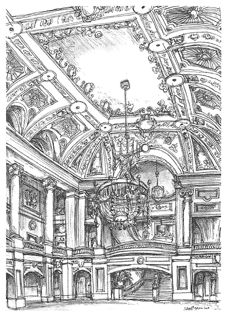 A lavish interior at the Chicago Theater - Original Drawings and Prints for Sale