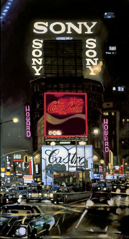 Times Square at night, oil on board - Original Drawings and Prints for Sale