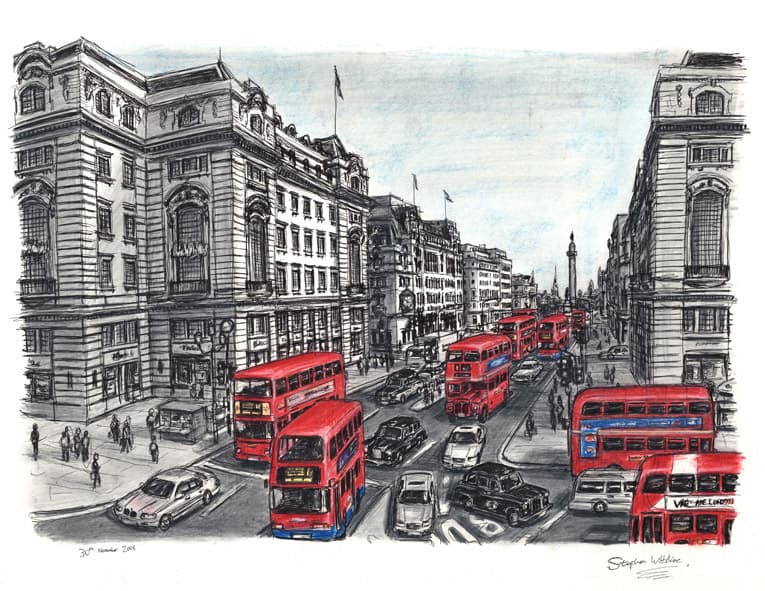 Lower Regent str with red double decker buses Lim.Ed. of 100 - Original Drawings and Prints for Sale