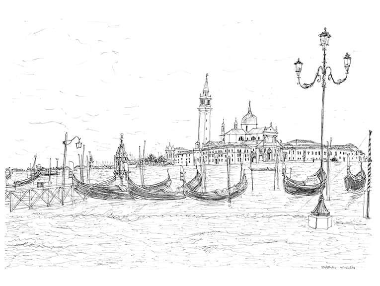 San Giorgio Maggiore and gondolas - Original Drawings and Prints for Sale