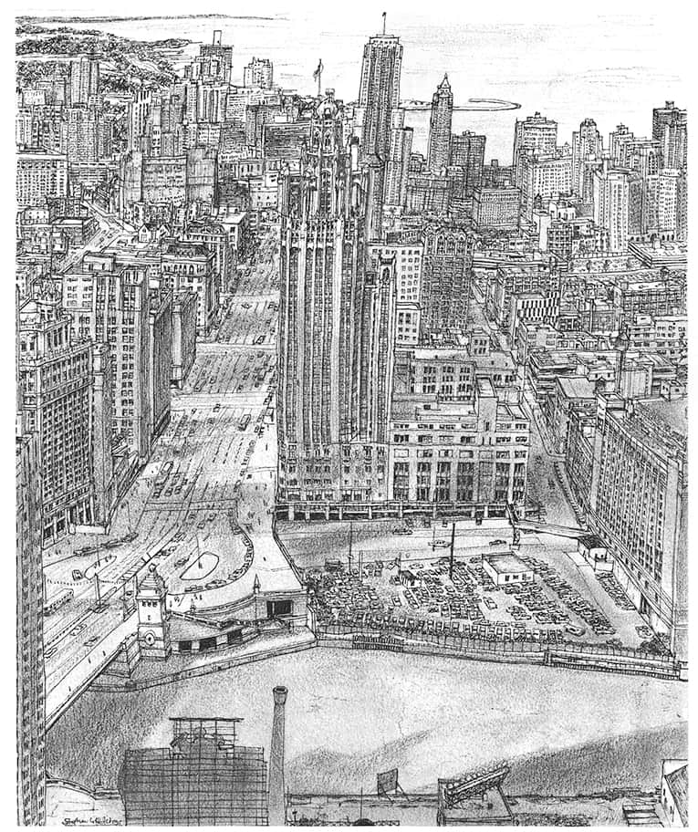Aerial view of Chicago with Lake Michigan - Original Drawings and Prints for Sale
