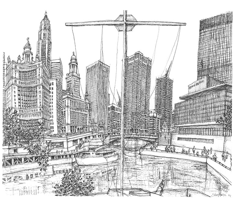 View from the North Side of the Chicago River - Original Drawings and Prints for Sale