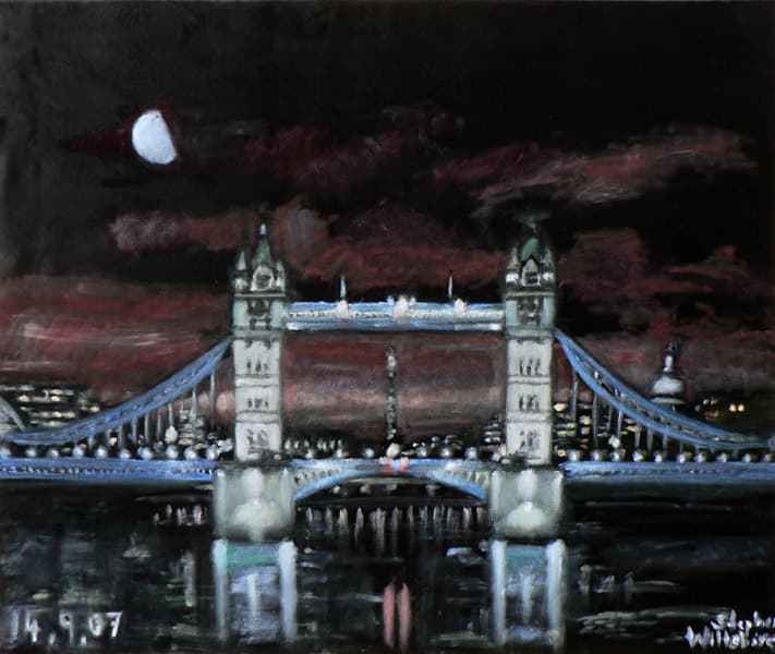 Tower Bridge at night - oil on velvet - Original Drawings and Prints for Sale