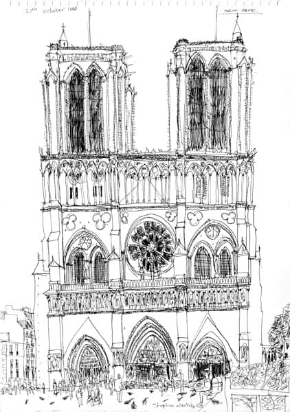 Notre Dame, Paris 1988 - Original Drawings and Prints for Sale