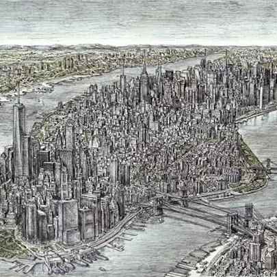 Aerial view of Manhattan Skyline 2011 - Urban Art For Sale