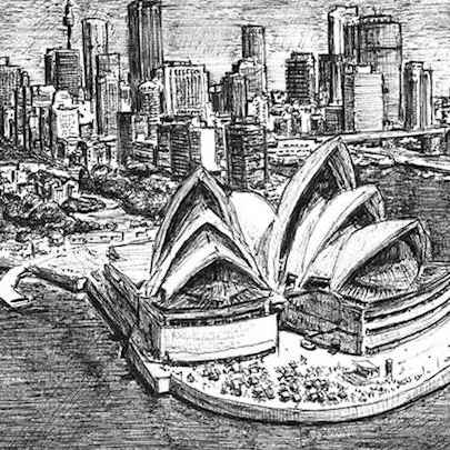Drawing of Sydney Opera House and skyline