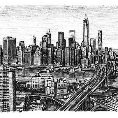 Drawing of Birds eye view of the Freedom Tower and Brooklyn Bridge