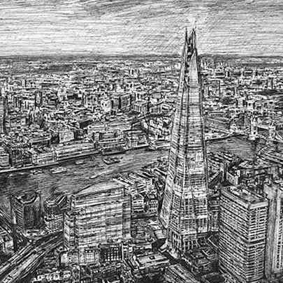 Drawing of Aerial view of the Shard (in the evening)