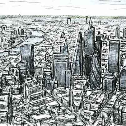 Aerial view of City of London skyscrapers of the future - Original Drawings