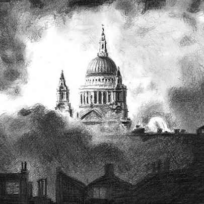 Drawing of St Pauls Cathedral in the blitz