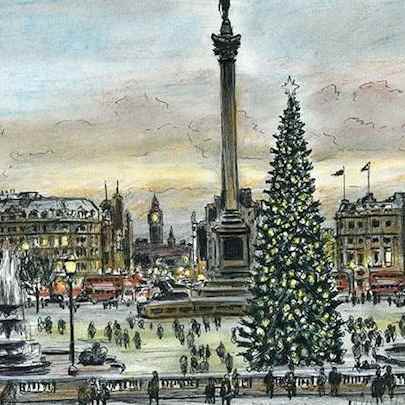 Drawing of Trafalgar Square on a Christmas evening