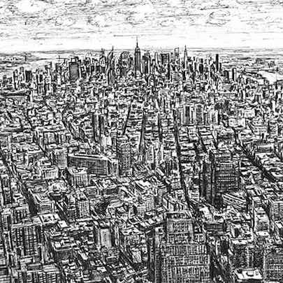 Drawing of View of midtown Manhattan from the Freedom Tower
