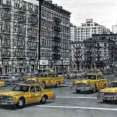 Drawing of Street scene with New York taxis