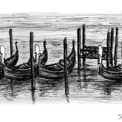 Drawing of Gondolas on water in Venice
