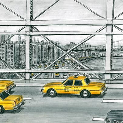 Drawing of Some New York taxis from Brooklyn Bridge