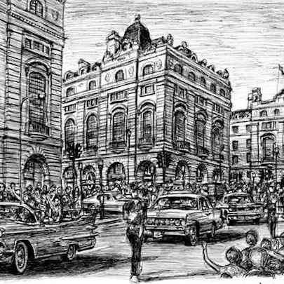 Drawing of Regent street showing American cars driving down