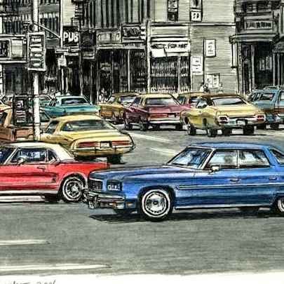 Lots of american cars on the streets of New York City - Original Drawings