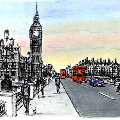 Drawing of Big Ben and Houses of Parliament from Westminster Bridge