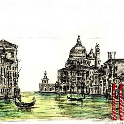 Birds eye view of Salute in Venice - Original Drawings