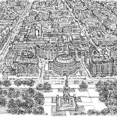 Drawing of Aerial view of Royal Albert Hall and Kensington