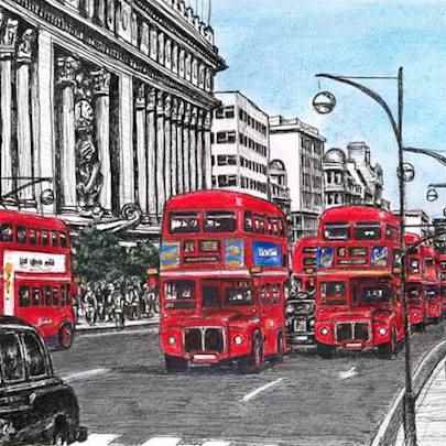 Red buses on Oxford Street - Limited Edition of 100 - Drawings