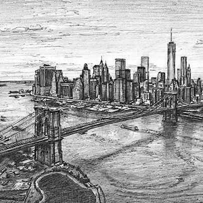 Drawing of Aerial view of Manhattan skyline & Brooklyn Bridge