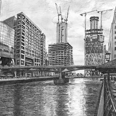 Drawing of Heron Quays at Canary Wharf, London