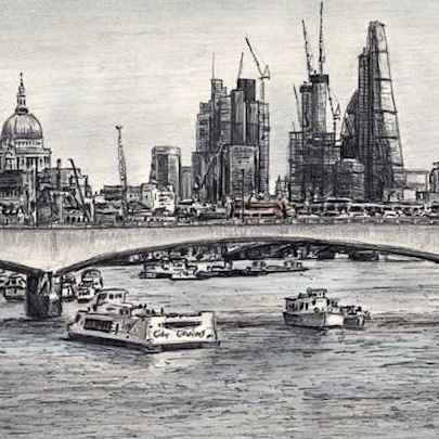 Drawing of View of London skyline from Waterloo Bridge