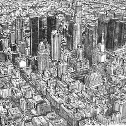 Drawing of Aerial view of Los Angeles Skyline