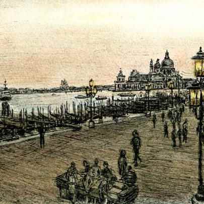 Drawing of View of Venice at dawn