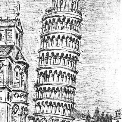 Drawing of Leaning Tower of Pisa ( Italy)