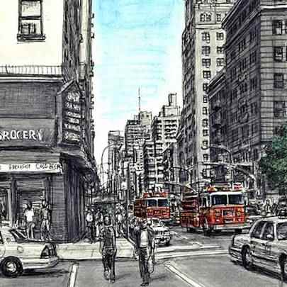 Drawing of New York street scene with Fire Engines