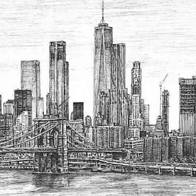 Drawing of Brooklyn Bridge and One World Trade Center
