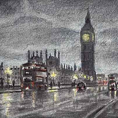 Drawing of Big Ben, red bus and Houses of Parliament, London