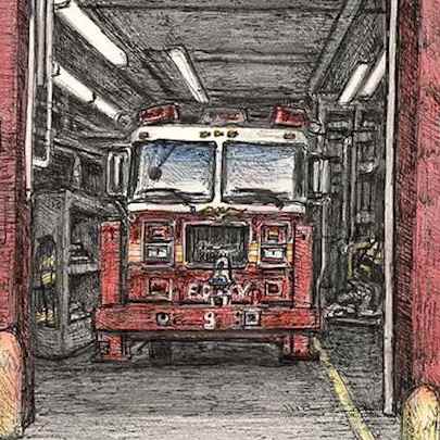 Fire truck at River Street, Lower Manhattan, New York - Original Drawings