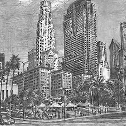 Drawing of Pershing square, Downtown Los Angeles