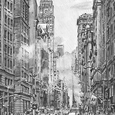 Drawing of 5th Avenue street scene on a rainy day