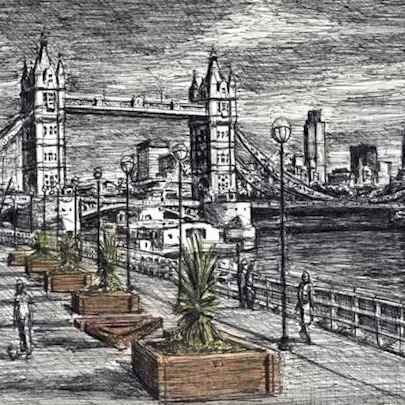 Drawing of River Thames with Tower Bridge