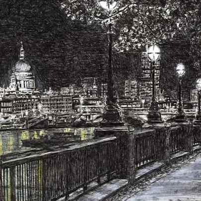 Drawing of St Pauls and London skyline from Southbank at night