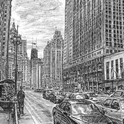 Drawing of Chicago street scene