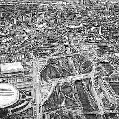 Drawing of Aerial view of the Olympic village at Stratford