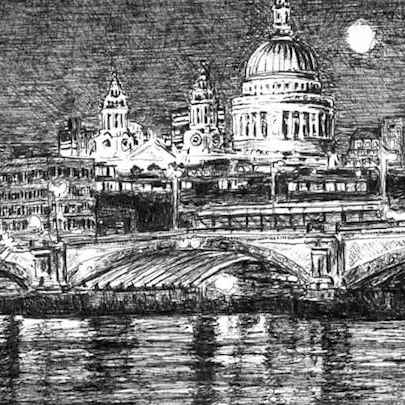 Drawing of St Pauls Cathedral and River Thames at night