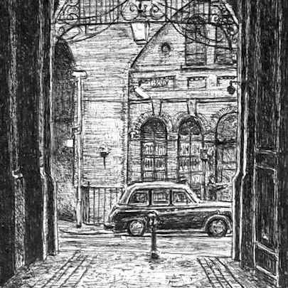 Drawing of Taxi and cobbled alley