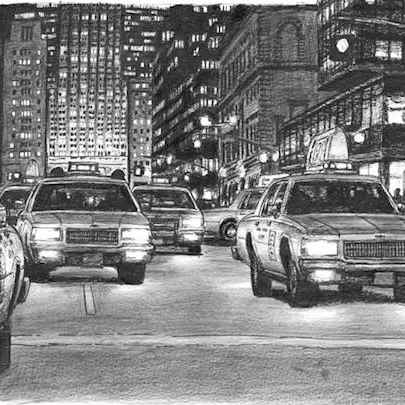 Drawing of Some yellow New York taxis at Park Avenue at night