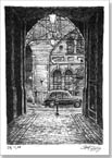 Taxi and cobbled alley - Drawings - Prints for sale