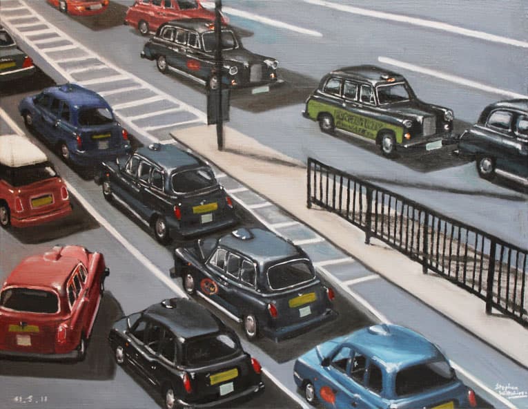 London Taxi Cabs - oil on canvas - Original Drawings and Prints for Sale