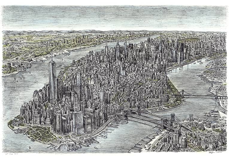 Aerial view of Manhattan Skyline 2011 - Original Drawings and Prints for Sale