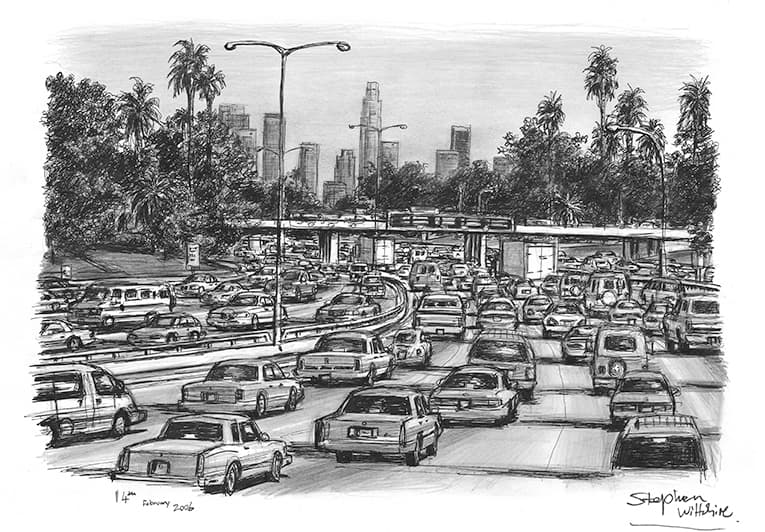 Los Angeles traffic on a freeway - Original Drawings and Prints for Sale